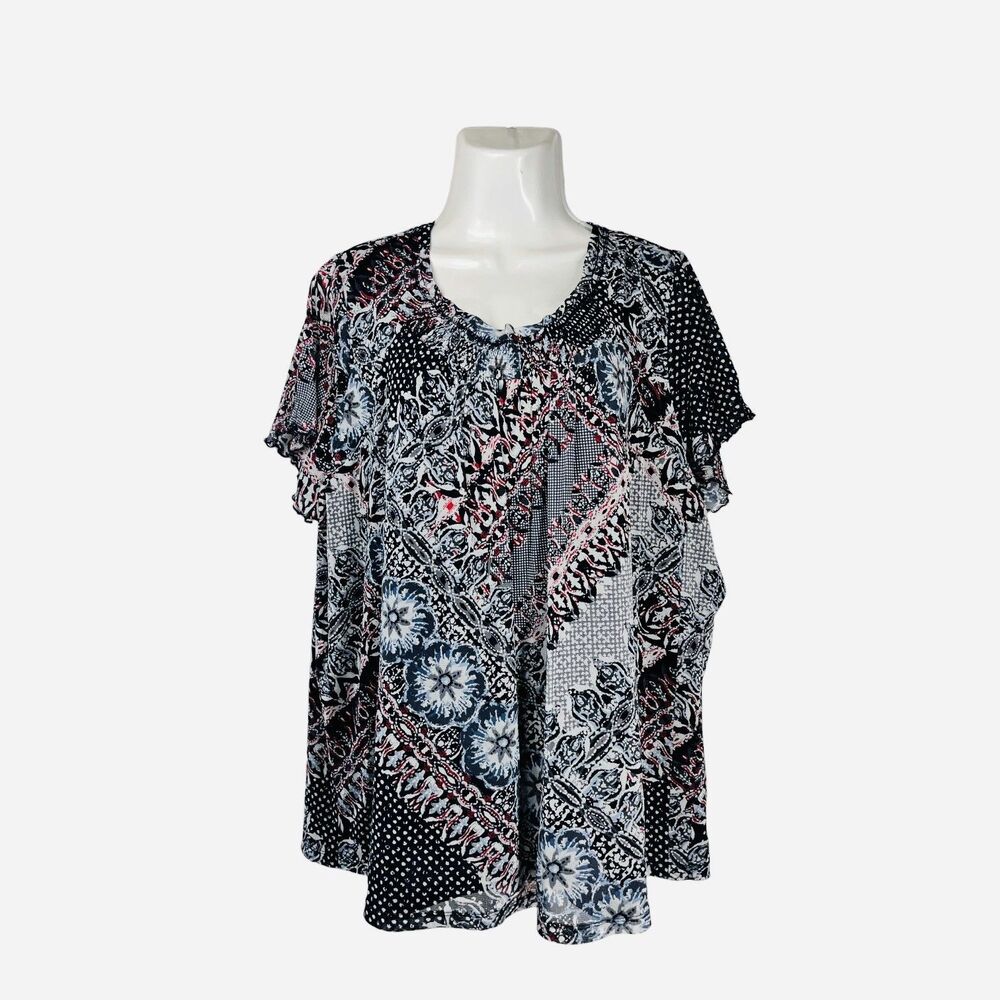 CJ Banks Women Top 3X Blue Patchwork Paisley Boho Short Sleeve Blouse Flowy Boho